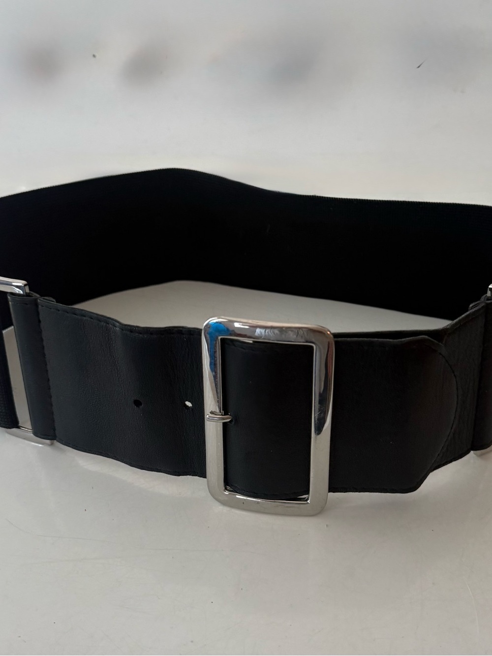 bebe Black Wide Elastic Belt with Silver Buckle